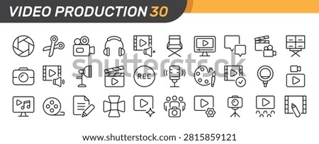 Video Production thin line icon set. Camera, Film Making, Studio, Editing, Tools, Movie concept. Black outline vector icons collection.