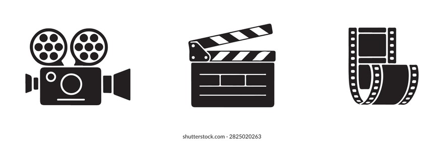 Video production tools collection including classic camera equipment clapper board and celluloid film reel strip.