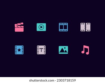 Video production vector icon set. Video blogging, editing, publishing process icons.