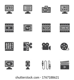 Video production vector icons set, video content modern solid symbol collection, filled style pictogram pack. Signs, logo illustration. Set includes icons as film strip reel, audio record, computer