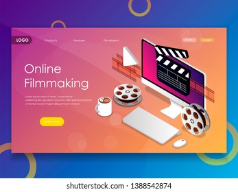 video production vector illustration concept, online filmmaking, content maling process. can use for, landing page, template, ui, web, app, poster, banner, flyer, background, homepage