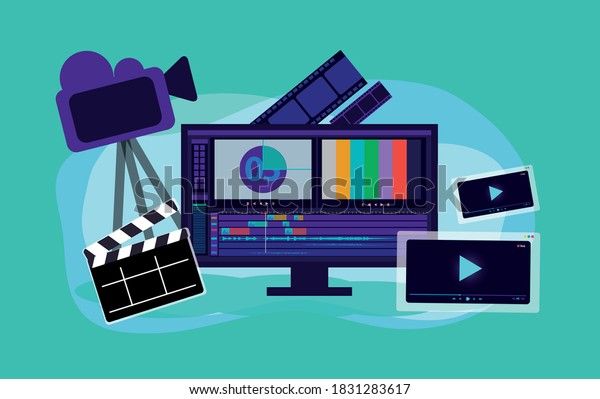 video
production vector illustration, film editing monitor, clap board,
film strip, camera, video player
interface