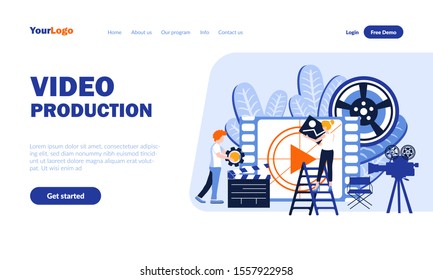 Video production vector landing page template with header. Movie creation web banner, homepage design with flat illustrations. Film editors, producers cartoon characters. Filming concept