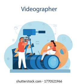 Video production or videographer concept. Movie and cinema industry. Making visual content for social media with special equipment. Isolated vector illustration