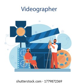 Video production or videographer concept. Movie and cinema industry. Making visual content for social media with special equipment. Isolated vector illustration