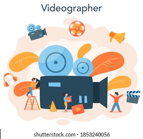 Video production or videographer concept. Movie and cinema industry. Making visual content for social media with special equipment. Isolated vector illustration