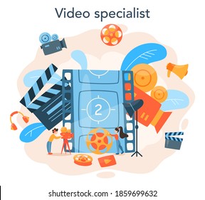 Video production or videographer concept. Movie and cinema industry. Making visual content for social media with special equipment. Isolated vector illustration