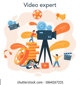 Video production or videographer concept. Movie and cinema industry. Making visual content for social media with special equipment. Isolated vector illustration