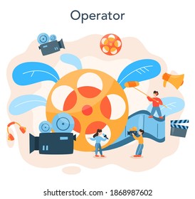 Video production or videographer concept. Movie and cinema industry. Making visual content for social media with special equipment. Isolated vector illustration