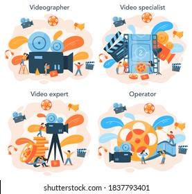 Video production or videographer concept set. Movie and cinema industry. Making visual content for social media with special equipment. Isolated vector illustration