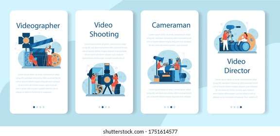 Video production or videographer mobile application banner set. Movie and cinema industry. Making visual content for social media with special equipment. Isolated vector illustration