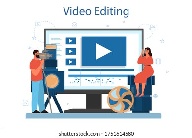 Video production or videographer online service or platform. Movie and cinema industry. Online video editing. Isolated vector illustration