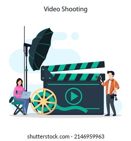 Producción de vídeo o vector de videografo. Industria cinematográfica y cinematográfica con equipo especial.