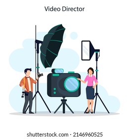 Producción de vídeo o vector de videografo. Industria cinematográfica y cinematográfica con equipo especial.