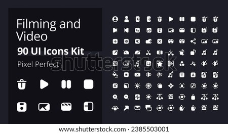 Video production white pixel perfect solid ui icons pack. Filmmaking software. Footage settings. Silhouette symbols for dark theme. Glyph pictograms kit on black background. Vector isolated images