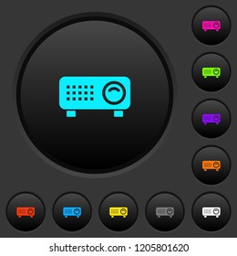 Video projector dark push buttons with vivid color icons on dark grey background