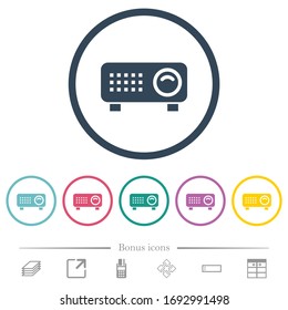 Video projector flat color icons in round outlines. 6 bonus icons included.