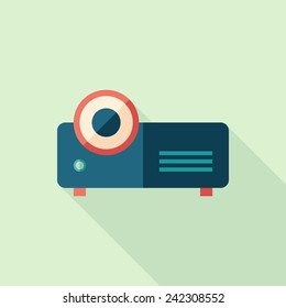 Video projector flat square icon with long shadows.