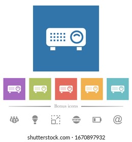 Video projector flat white icons in square backgrounds. 6 bonus icons included.