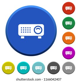 Video projector round color beveled buttons with smooth surfaces and flat white icons