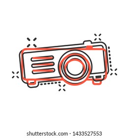 Video projector sign icon in comic style. Cinema presentation device vector cartoon illustration on white isolated background. Conference business concept splash effect.