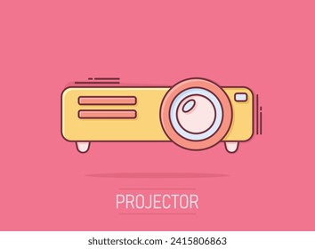 Video projector sign icon in comic style. Cinema presentation device vector cartoon illustration on isolated background. Conference business concept splash effect.