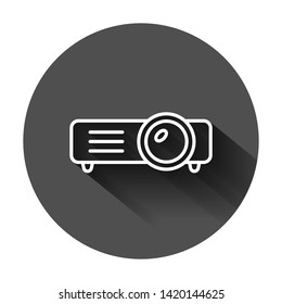 Video projector sign icon in flat style. Cinema presentation device vector illustration on black round background with long shadow. Conference business concept.