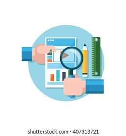Video promotion icon flat design. Magnifying glass in hand. Analysis and analytics, research and search. Data statistics on the video promotion on the paper sheet of paper. Vector illustration
