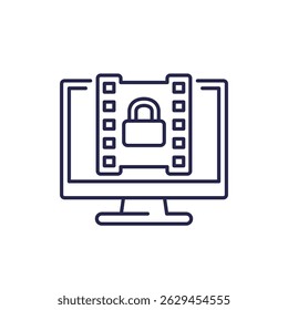 video protection, copyrighted content line icon with computer