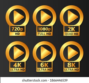 Video Quality Badges in gold color on black background. Hd, Full Hd, 2K, 4K, 6K and 8K. Vector illustration.