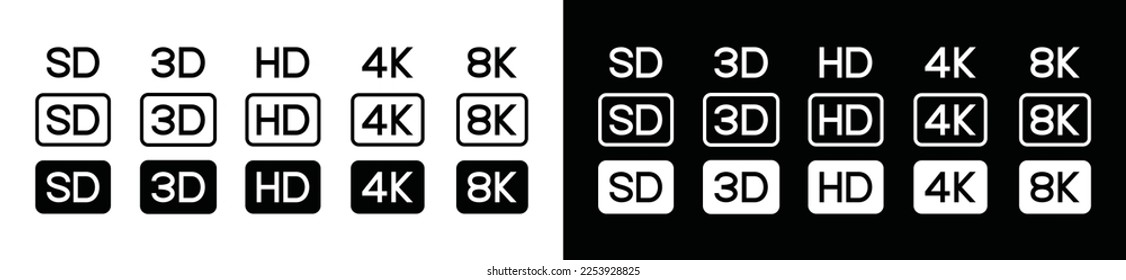 Video quality icons set. SD, 3D, HD, 4K, 8K icon. Screen resolution symbol, vector illustration
