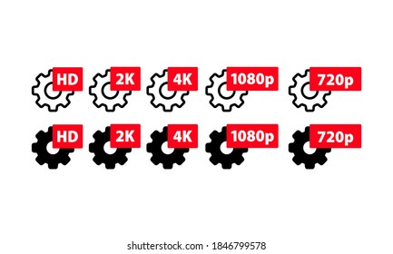 Video quality symbol HD, Full HD, 2K, 4K, 720p, 1080p icon set. Gears with quality sign. High definition display resolution icon standard. Vector flat cartoon illustration for web sites.