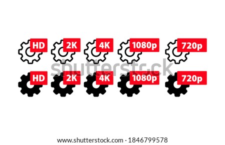 Video quality symbol HD, Full HD, 2K, 4K, 720p, 1080p icon set. Gears with quality sign. High definition display resolution icon standard. Vector flat cartoon illustration for web sites.
