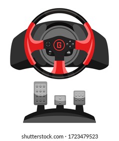 Controlador de juego de volante de carreras de vídeo con juego de pedales para simulación de juegos aislado en fondo blanco. Simulador electrónico del conductor. Accesorio Gamepad. Tecnología de juego. Hobby y recreación