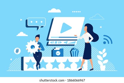 Video rate feedback concept vector illustration. Cartoon online promotion video presentation with tiny customer characters and experience rating stars, modern social media recommendation background
