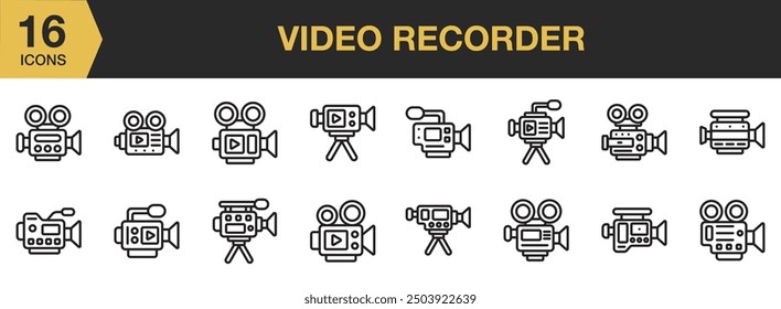 Video Conjunto de iconos de grabadora. Incluye cámara, altavoz, altavoz de la pluma, cámara del trípode y más. Colección de Vector de iconos de contorno.