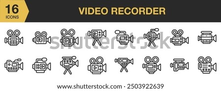 Video Recorder icon set. Includes camera, speaker, boom speaker, tripod camera, and More. Outline icons vector collection.