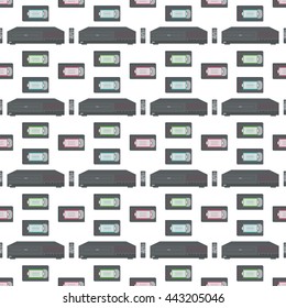 Video recorder with remote control and videocassettes. Vector illustration