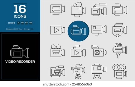 Video Recorder set of outline icons related to analysis, infographic, analytics. Editable stroke. Vector illustration.