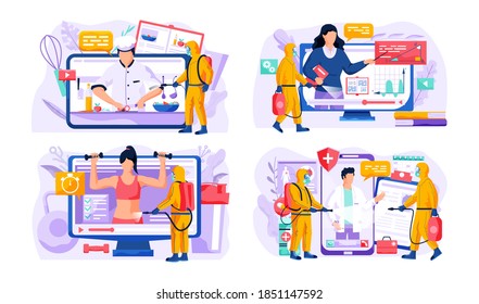 Video recording of a culinary blog, sport channel, online learning of foreign languages and man from epidemiological service doing disinfection sprays treatment solution against viruses and infections