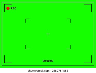 Video recording frame. Camera viewfinder with recording interface with green screen background.