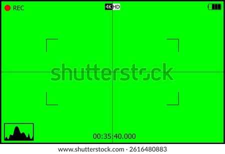 Video recording frame. Camera viewfinder with recording interface with green screen background.
