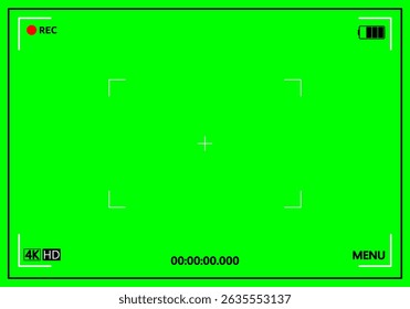 Cadre d'enregistrement en Vidéo avec arrière-plan vert. Viseur de caméra avec interface d'enregistrement.