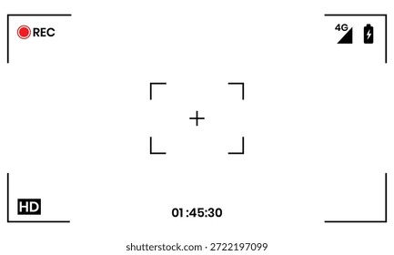 Video Icono de pantalla HD del visor de fotogramas de grabación. Video Video Frame, grabación, pantalla. Icono de REC, nivel de batería, marco de enfoque y temporizador configurado a 01:45:30. Ilustración vectorial.