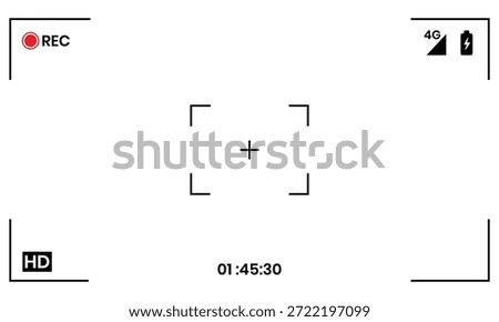 Video recording frame viewfinder HD screen icon. Frame video recording, video screen. REC icon, battery level, focus frame, and timer set to 01:45:30. Vector illustration.