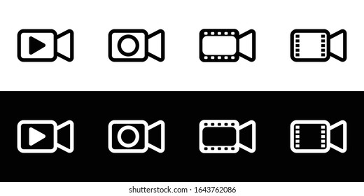 Video Recording Icon Set. Flat Design Icon Collection Isolated On Black And White Background. Film Recorder Or Projector.