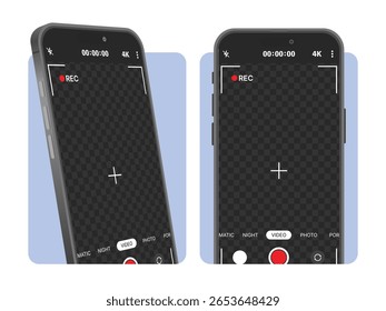 Video Recording Interface on Smartphone – Realistic 4K Video Camera UI with Button Display, Ideal for Banner, Leaflet, Brochure, and Smart Mobile Device App Cover Design. Vector.
