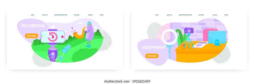 Video recording landing page design, website banner vector template set. Video production equipment, videography, blog.