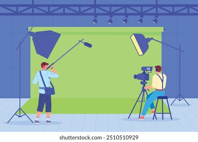 Video recording on green screen template. Professional operators and lighting. Vector illustration
