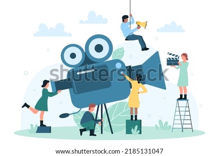 Video recording process, cinema production. Cartoon professional team of tiny characters with clapperboard and camera making movie flat vector illustration. Videography, cinematography concept